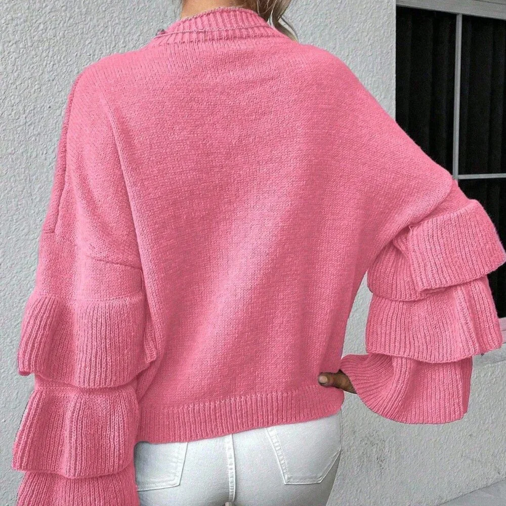 Pink Casual Women's Round Neck Patchwork Ruffle Flare Sleeve Sweater